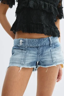 Online Gina Tricot 14+ pleated low denim shorts Blauw