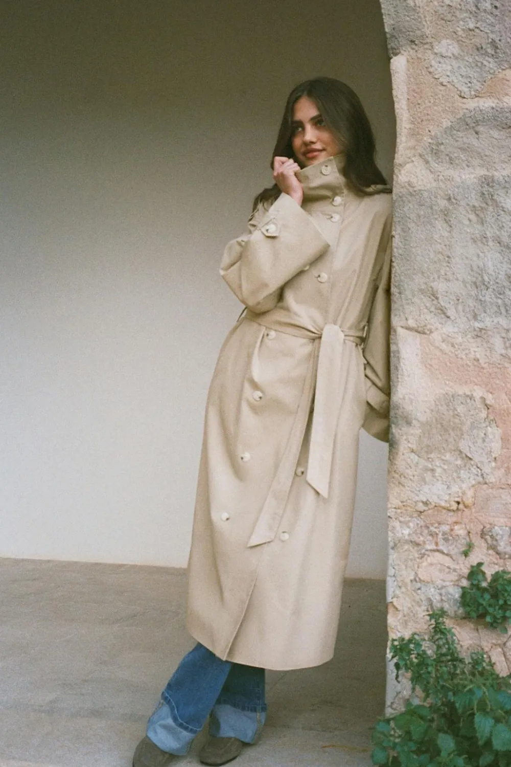 Gina Tricot High neck cotton trench coat Beige