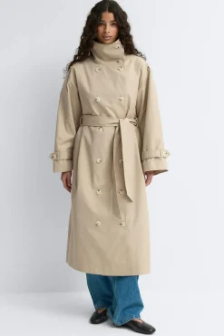 Gina Tricot High neck cotton trench coat Beige