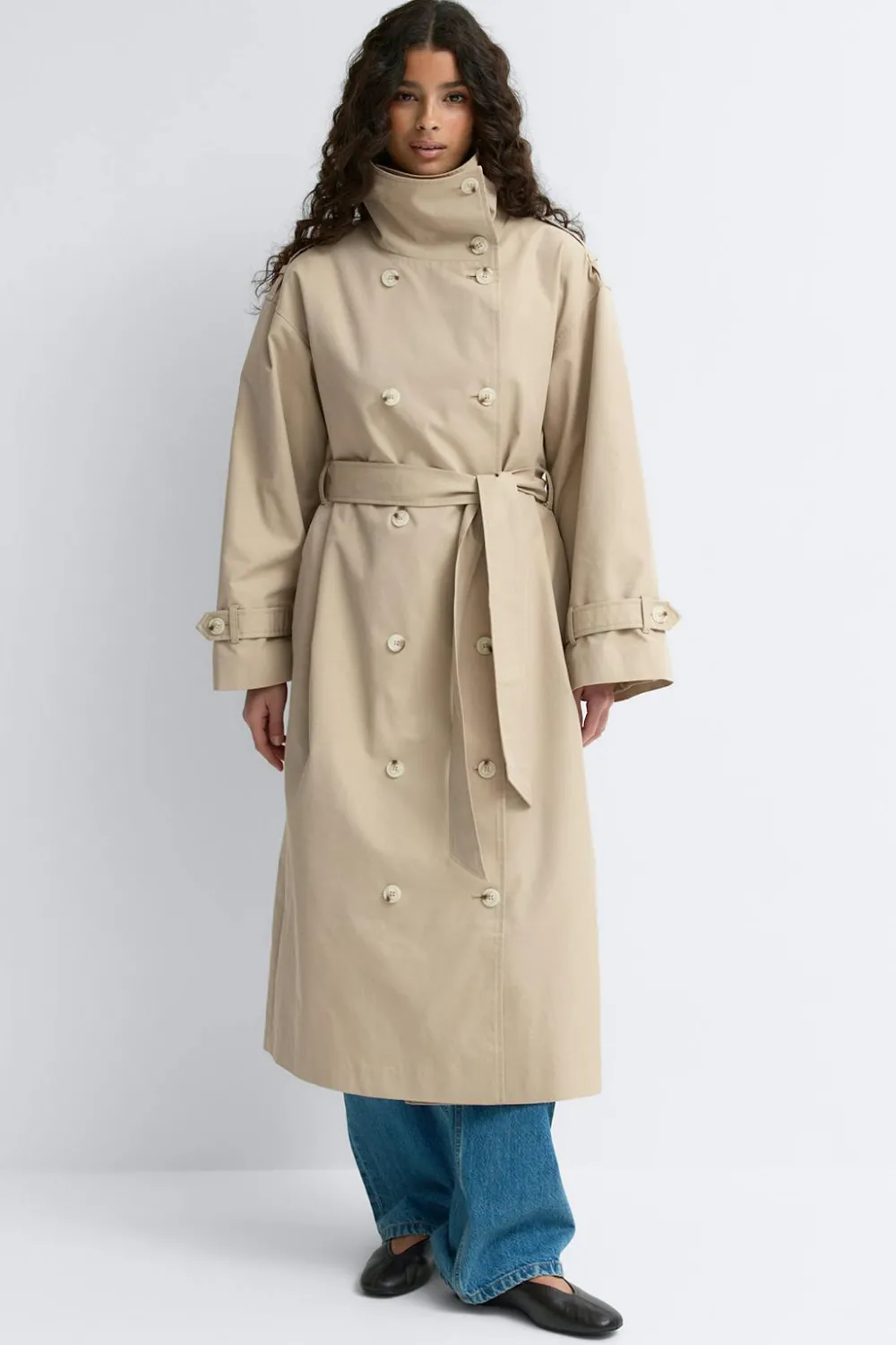 Gina Tricot High neck cotton trench coat Beige
