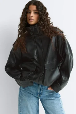 New Gina Tricot High neck pu jacket Zwart