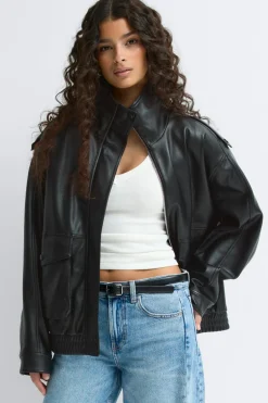 New Gina Tricot High neck pu jacket Zwart