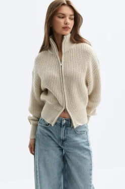 Discount Gina Tricot Knitted zip cardigan Beige