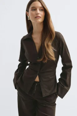 Outlet Gina Tricot Linen blend shirt Bruin