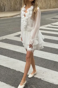 Hot Gina Tricot Long sleeve frill mini dress Wit