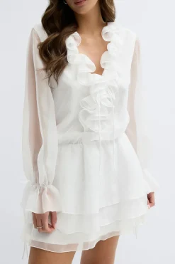 Hot Gina Tricot Long sleeve frill mini dress Wit