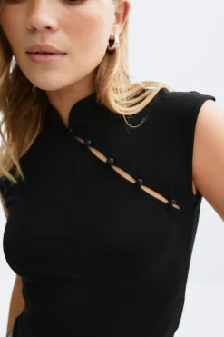 Hot Gina Tricot Mandarin collar button top Zwart