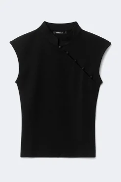 Hot Gina Tricot Mandarin collar button top Zwart