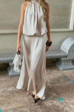 Sale Gina Tricot Satin halterneck maxi dress Beige