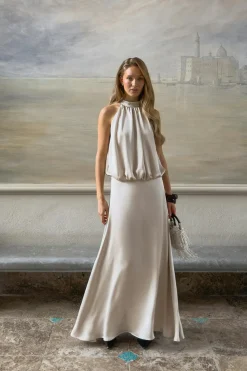 Sale Gina Tricot Satin halterneck maxi dress Beige