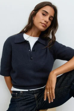 New Gina Tricot Short sleeve knit collar top Blauw