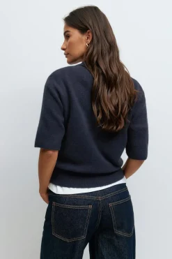 New Gina Tricot Short sleeve knit collar top Blauw