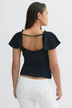 New Gina Tricot Y open back frill top Blauw